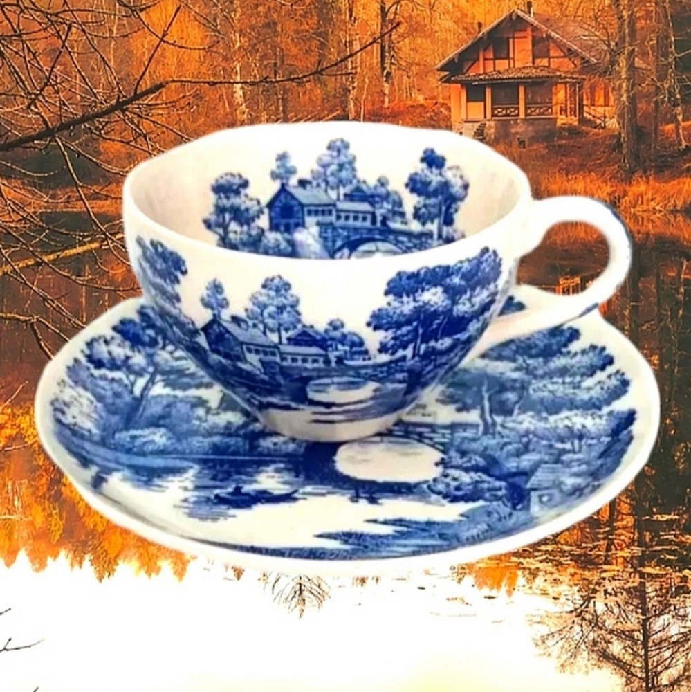 Nasco Blue & White Handpainted Lakeview Pattern Japan Cup and Saucer Vintage